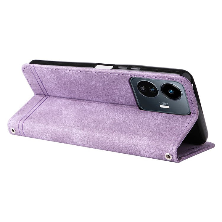 For vivo Y77 5G / Y77e 5G / Y77e (t1) 5G / iQOO Z6 Lite 5G Skin-touch PU Leather Wallet Phone Case Lines Imprinted Tree Pattern Metal Button Stand Magnetic Cover with Strap - Purple