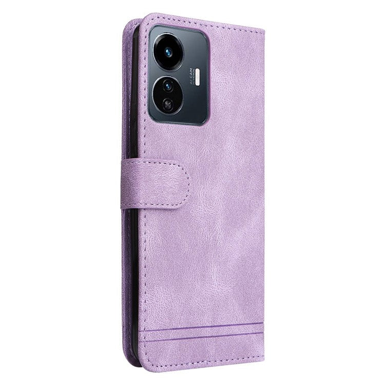 For vivo Y77 5G / Y77e 5G / Y77e (t1) 5G / iQOO Z6 Lite 5G Skin-touch PU Leather Wallet Phone Case Lines Imprinted Tree Pattern Metal Button Stand Magnetic Cover with Strap - Purple