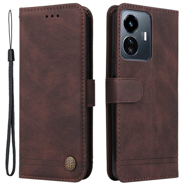 For vivo Y77 5G / Y77e 5G / Y77e (t1) 5G / iQOO Z6 Lite 5G Skin-touch PU Leather Wallet Phone Case Lines Imprinted Tree Pattern Metal Button Stand Magnetic Cover with Strap - Brown