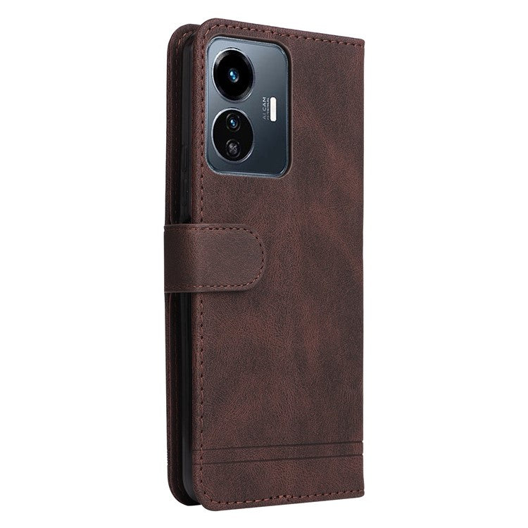 For vivo Y77 5G / Y77e 5G / Y77e (t1) 5G / iQOO Z6 Lite 5G Skin-touch PU Leather Wallet Phone Case Lines Imprinted Tree Pattern Metal Button Stand Magnetic Cover with Strap - Brown