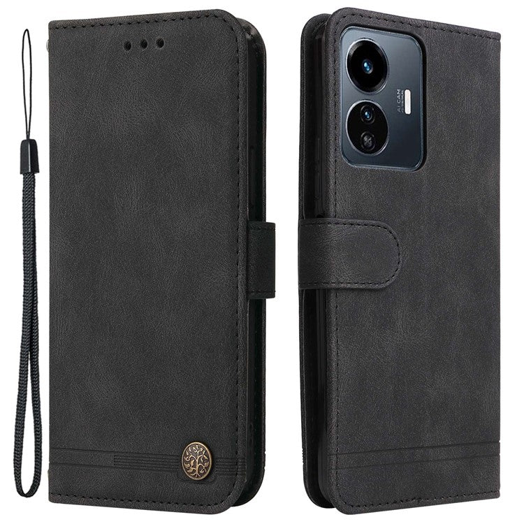 For vivo Y77 5G / Y77e 5G / Y77e (t1) 5G / iQOO Z6 Lite 5G Skin-touch PU Leather Wallet Phone Case Lines Imprinted Tree Pattern Metal Button Stand Magnetic Cover with Strap - Black