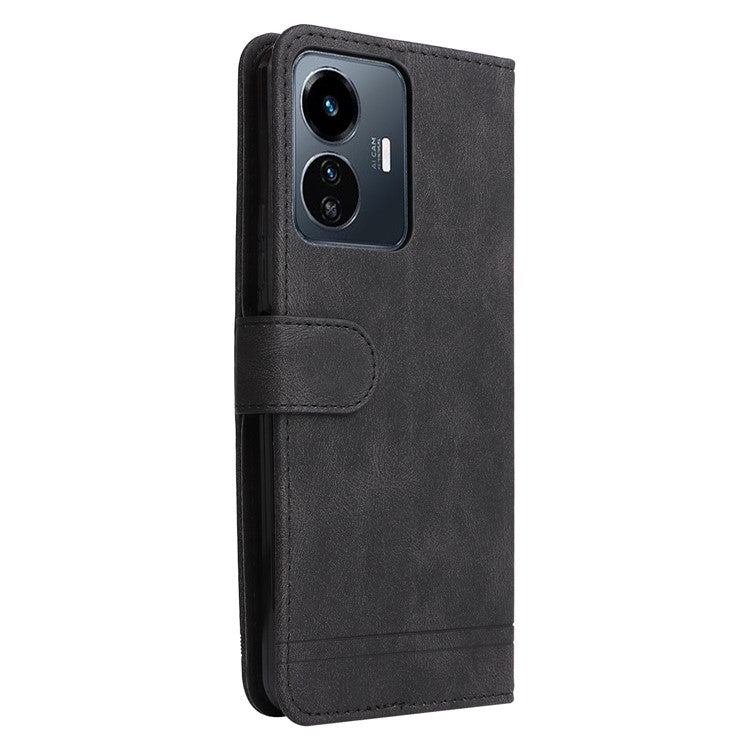 For vivo Y77 5G / Y77e 5G / Y77e (t1) 5G / iQOO Z6 Lite 5G Skin-touch PU Leather Wallet Phone Case Lines Imprinted Tree Pattern Metal Button Stand Magnetic Cover with Strap - Black