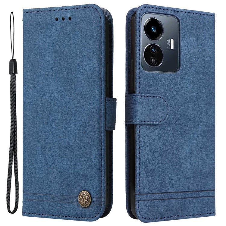 For vivo Y77 5G / Y77e 5G / Y77e (t1) 5G / iQOO Z6 Lite 5G Skin-touch PU Leather Wallet Phone Case Lines Imprinted Tree Pattern Metal Button Stand Magnetic Cover with Strap - Blue