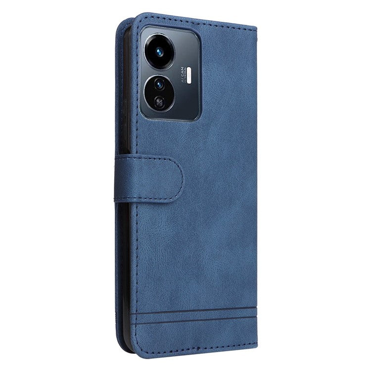 For vivo Y77 5G / Y77e 5G / Y77e (t1) 5G / iQOO Z6 Lite 5G Skin-touch PU Leather Wallet Phone Case Lines Imprinted Tree Pattern Metal Button Stand Magnetic Cover with Strap - Blue