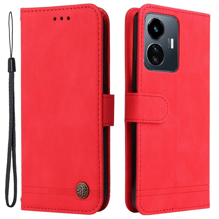 For vivo Y77 5G / Y77e 5G / Y77e (t1) 5G / iQOO Z6 Lite 5G Skin-touch PU Leather Wallet Phone Case Lines Imprinted Tree Pattern Metal Button Stand Magnetic Cover with Strap - Red