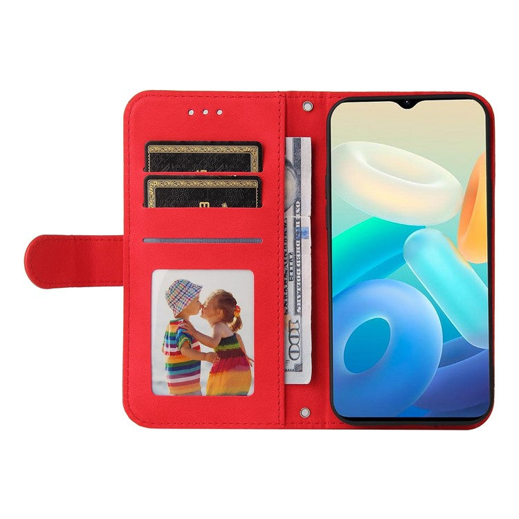 For vivo Y77 5G / Y77e 5G / Y77e (t1) 5G / iQOO Z6 Lite 5G Skin-touch PU Leather Wallet Phone Case Lines Imprinted Tree Pattern Metal Button Stand Magnetic Cover with Strap - Red