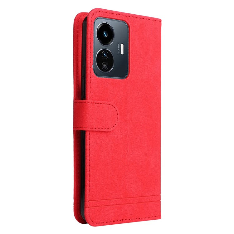 For vivo Y77 5G / Y77e 5G / Y77e (t1) 5G / iQOO Z6 Lite 5G Skin-touch PU Leather Wallet Phone Case Lines Imprinted Tree Pattern Metal Button Stand Magnetic Cover with Strap - Red