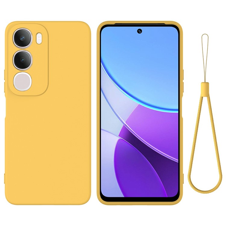 For vivo Y19s 4G Case Liquid Silicone Phone Back Cover with Hand Strap - Yellow