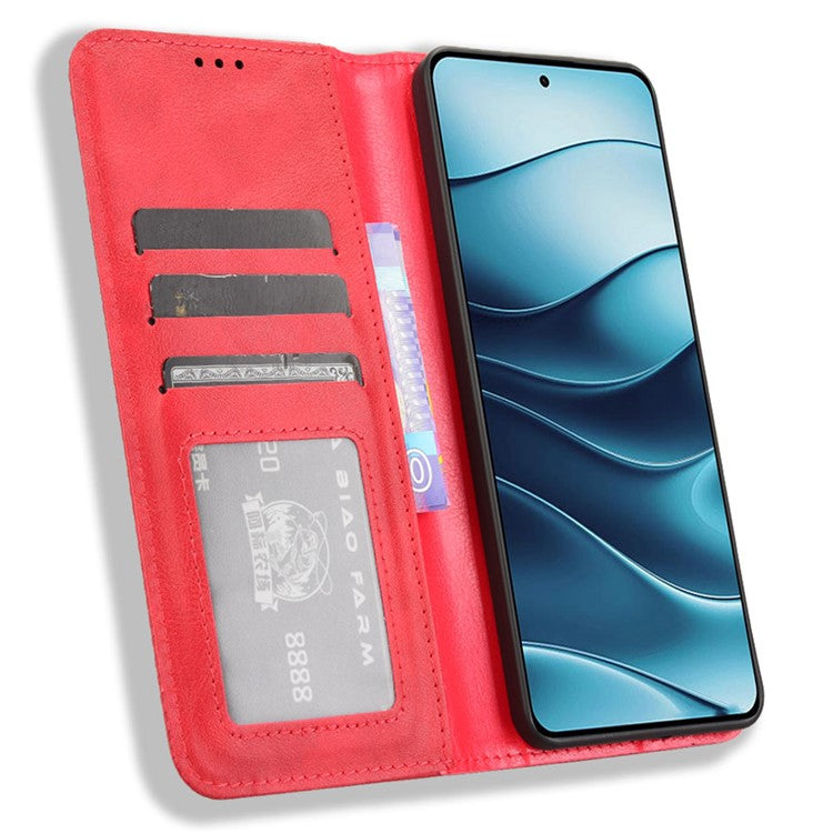 For Xiaomi Redmi Note 14 4G / 5G Leather Case Wallet Stand Retro Texture Phone Cover - Red