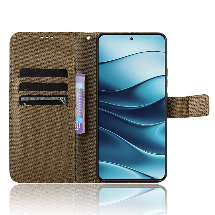 For Xiaomi Redmi Note 14 4G / 5G Case PU Leather Diamond Texture Wallet Phone Cover - Brown