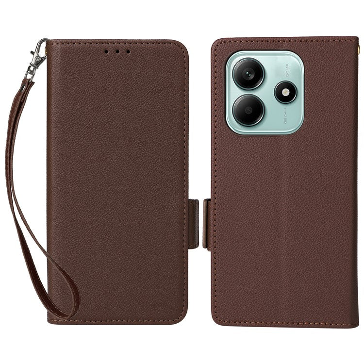 For Xiaomi Redmi Note 14 4G / 5G Case Litchi Texture PU Leather Wallet Flip Phone Cover - Brown