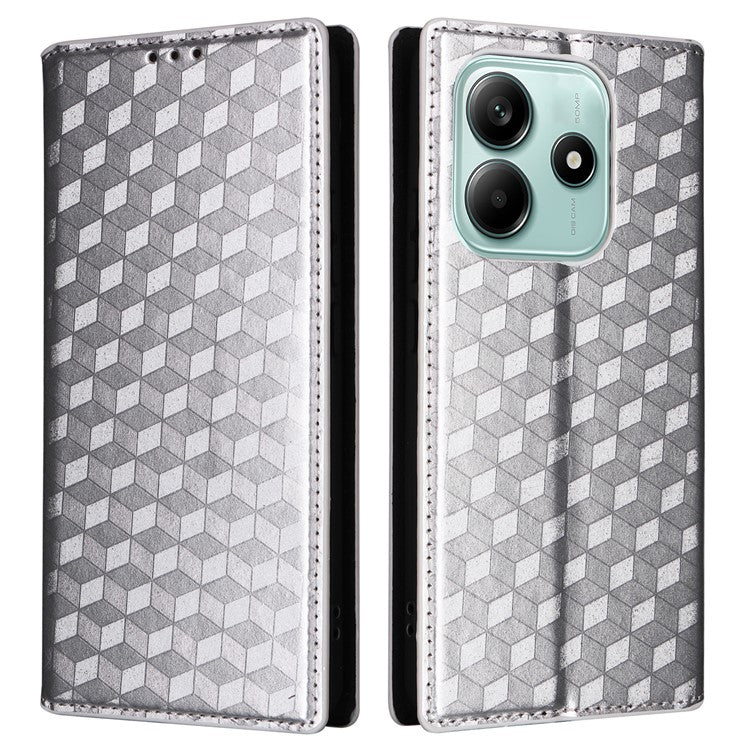 For Xiaomi Redmi Note 14 4G / 5G Wallet Case Rhombus Imprinted Leather Phone Cover - Silver