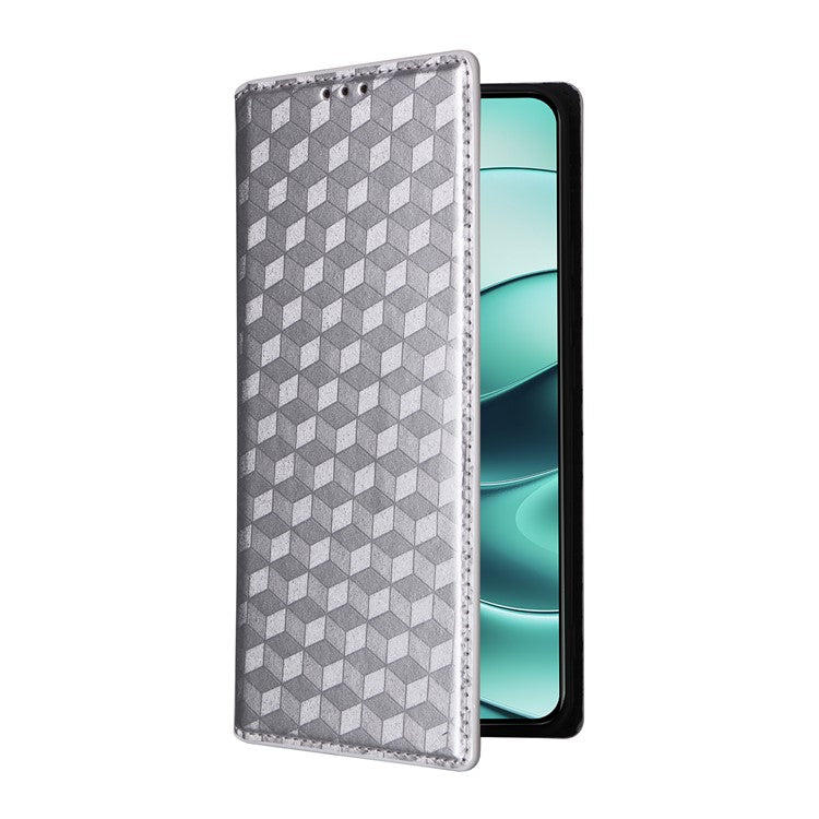 For Xiaomi Redmi Note 14 4G / 5G Wallet Case Rhombus Imprinted Leather Phone Cover - Silver