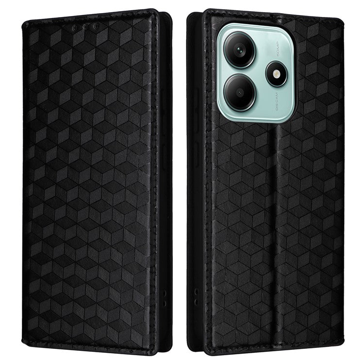 For Xiaomi Redmi Note 14 4G / 5G Wallet Case Rhombus Imprinted Leather Phone Cover - Black