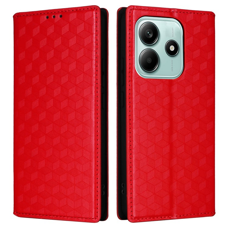 For Xiaomi Redmi Note 14 4G / 5G Wallet Case Rhombus Imprinted Leather Phone Cover - Red