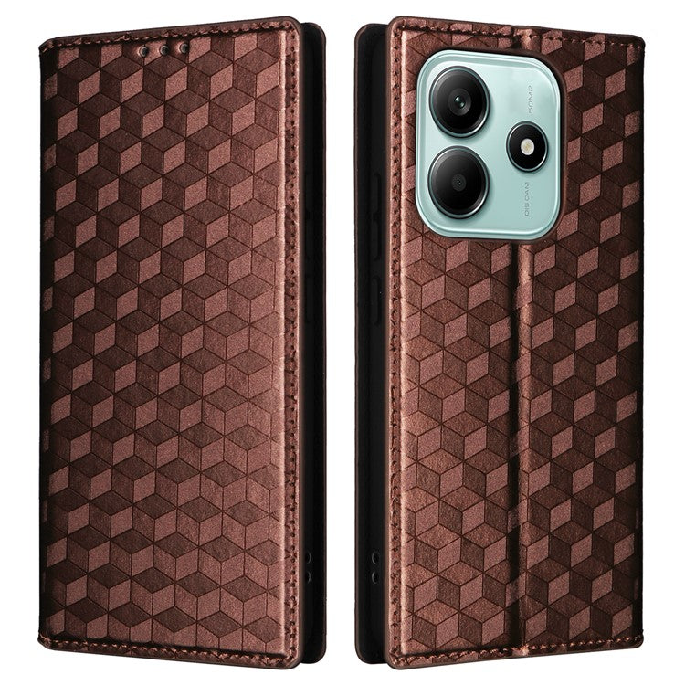 For Xiaomi Redmi Note 14 4G / 5G Wallet Case Rhombus Imprinted Leather Phone Cover - Brown