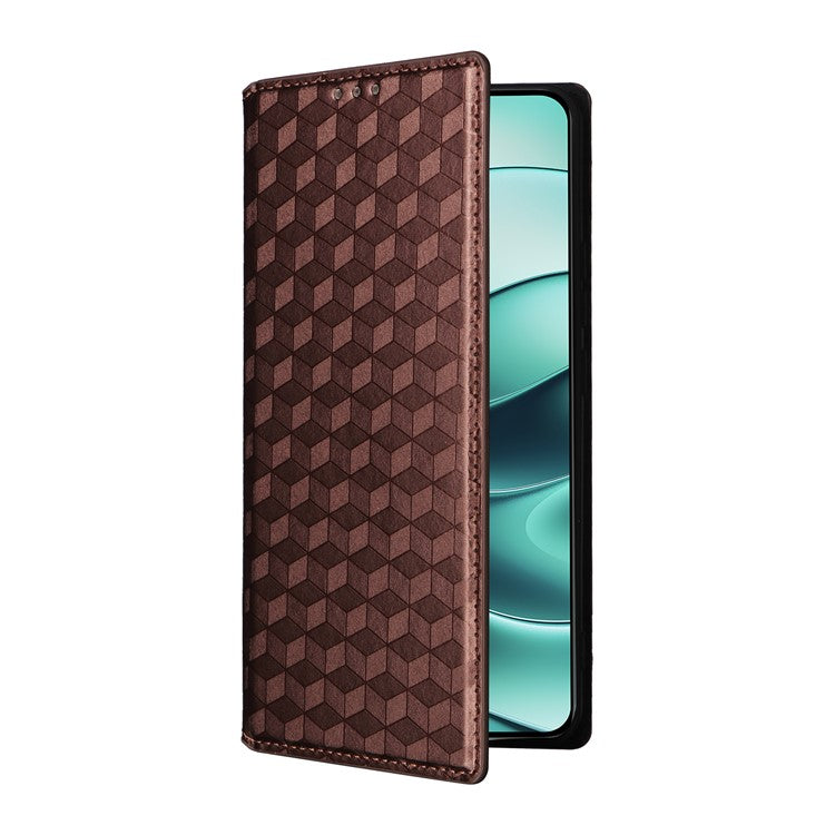 For Xiaomi Redmi Note 14 4G / 5G Wallet Case Rhombus Imprinted Leather Phone Cover - Brown