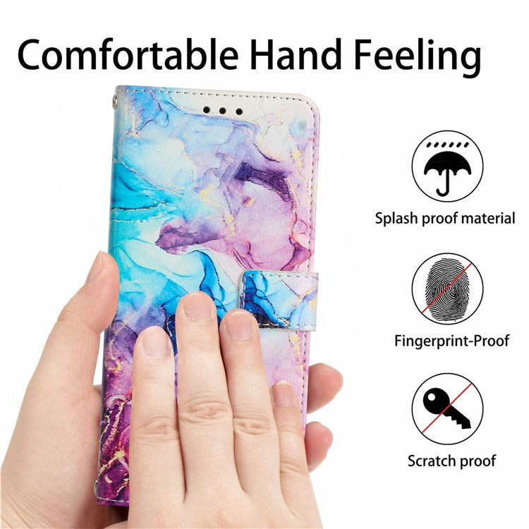 For Google Pixel 8a Stand Case Marble Pattern PU Leather Wallet Phone Cover with Wrist Strap - Pink  /  Purple