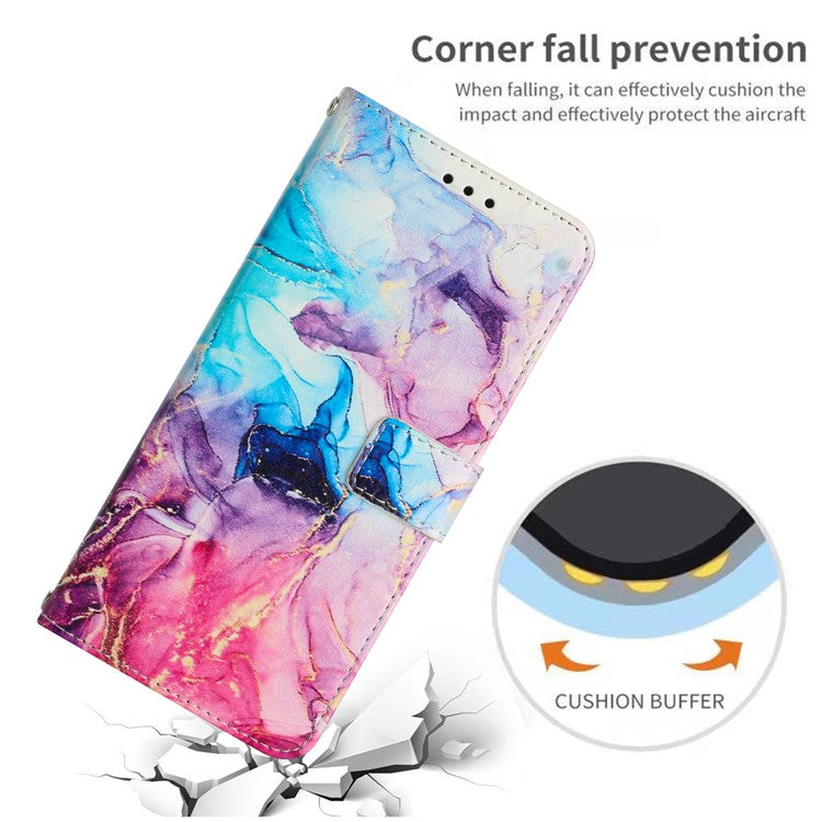 For Google Pixel 8a Stand Case Marble Pattern PU Leather Wallet Phone Cover with Wrist Strap - Pink  /  Purple