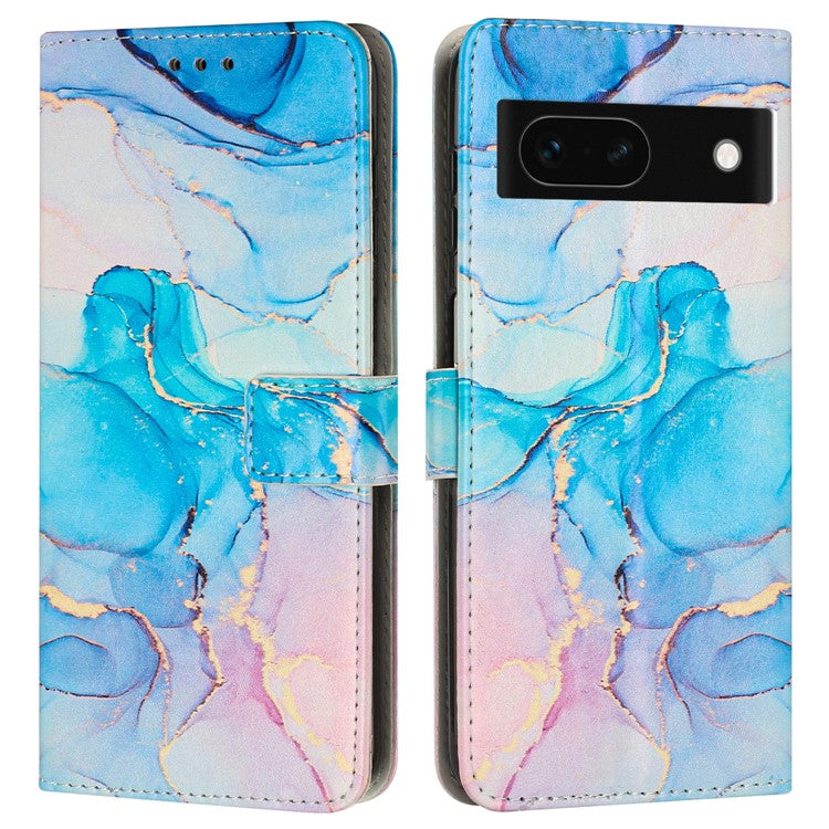 For Google Pixel 8a Stand Case Marble Pattern PU Leather Wallet Phone Cover with Wrist Strap - Pink  /  Green