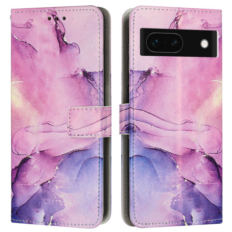 For Google Pixel 8a Stand Case Marble Pattern PU Leather Wallet Phone Cover with Wrist Strap - Purple