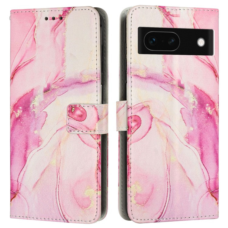 For Google Pixel 8a Stand Case Marble Pattern PU Leather Wallet Phone Cover with Wrist Strap - Rose Gold