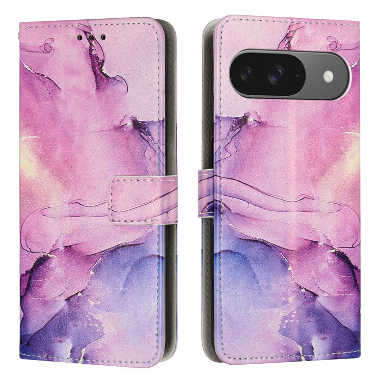 For Google Pixel 9 / 9 Pro Stand Case Marble Pattern PU Leather Wallet Phone Cover with Wrist Strap - Purple