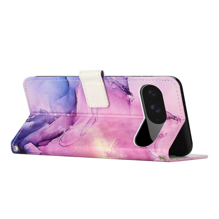 For Google Pixel 9 / 9 Pro Stand Case Marble Pattern PU Leather Wallet Phone Cover with Wrist Strap - Purple