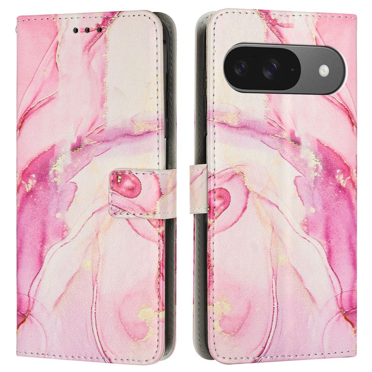 For Google Pixel 9 / 9 Pro Stand Case Marble Pattern PU Leather Wallet Phone Cover with Wrist Strap - Rose Gold