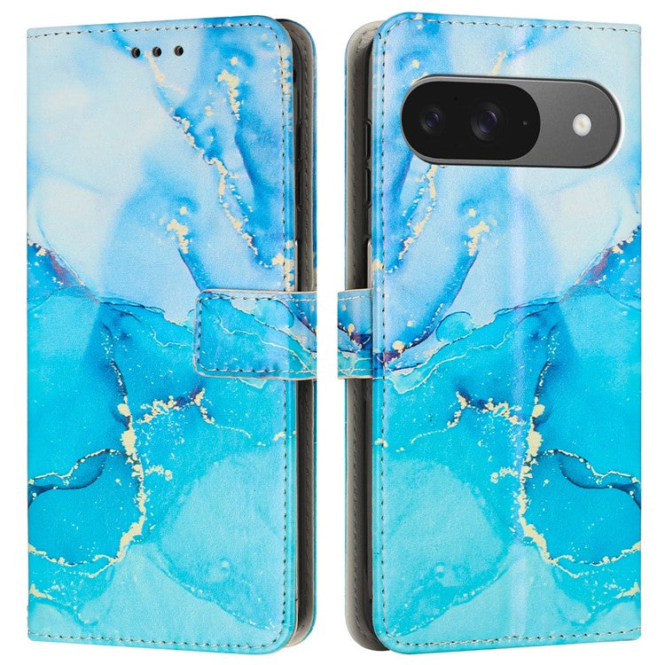 For Google Pixel 9 / 9 Pro Stand Case Marble Pattern PU Leather Wallet Phone Cover with Wrist Strap - Blue  /  Green