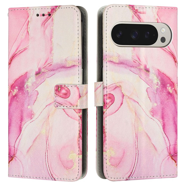 For Google Pixel 9 Pro XL Stand Case Marble Pattern PU Leather Wallet Phone Cover with Wrist Strap - Rose Gold