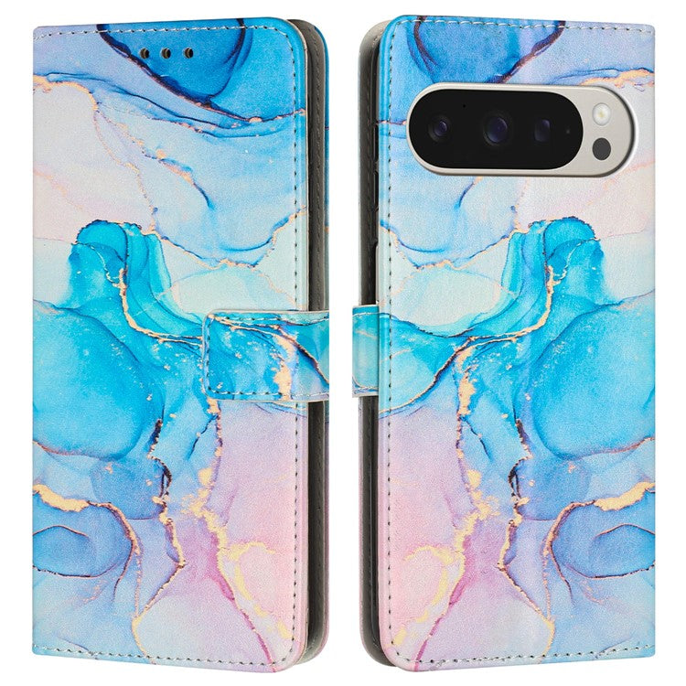 For Google Pixel 9 Pro XL Stand Case Marble Pattern PU Leather Wallet Phone Cover with Wrist Strap - Pink  /  Green