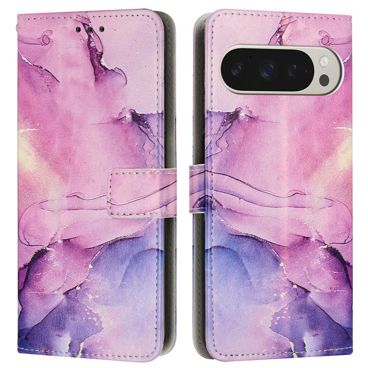 For Google Pixel 9 Pro XL Stand Case Marble Pattern PU Leather Wallet Phone Cover with Wrist Strap - Purple