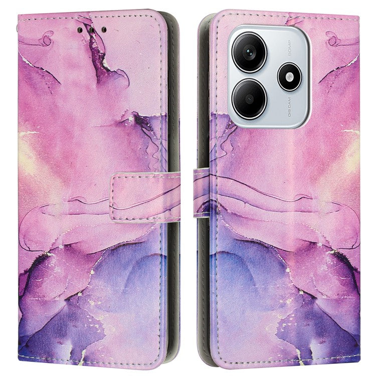 For Xiaomi Redmi Note 14 5G Stand Case Marble Pattern PU Leather Wallet Phone Cover with Wrist Strap - Purple