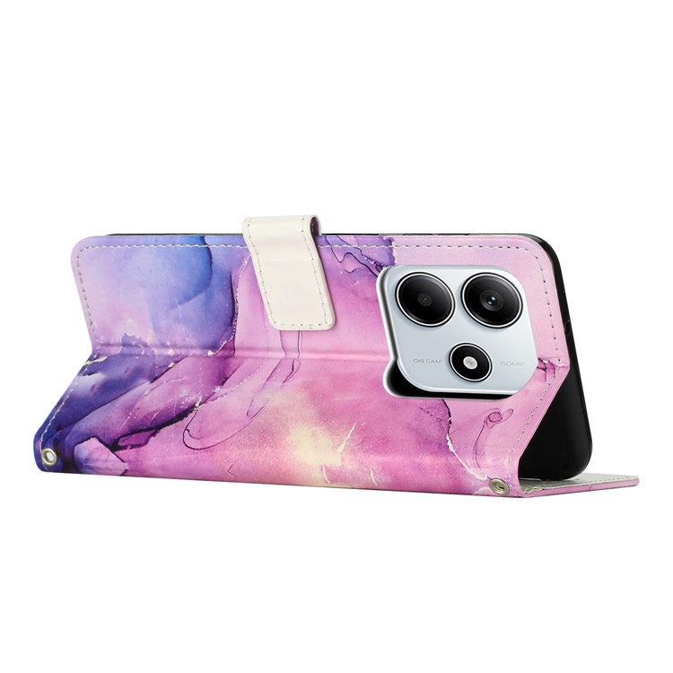 For Xiaomi Redmi Note 14 5G Stand Case Marble Pattern PU Leather Wallet Phone Cover with Wrist Strap - Purple