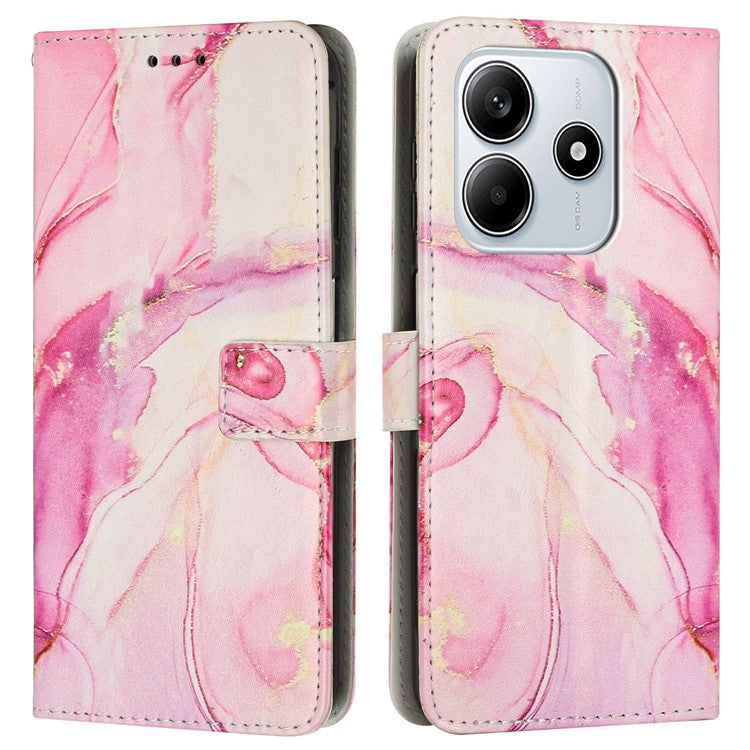 For Xiaomi Redmi Note 14 5G Stand Case Marble Pattern PU Leather Wallet Phone Cover with Wrist Strap - Rose Gold