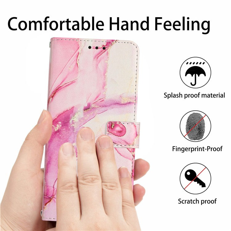 For Xiaomi Redmi Note 14 5G Stand Case Marble Pattern PU Leather Wallet Phone Cover with Wrist Strap - Rose Gold