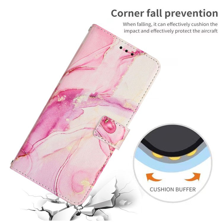 For Xiaomi Redmi Note 14 5G Stand Case Marble Pattern PU Leather Wallet Phone Cover with Wrist Strap - Rose Gold