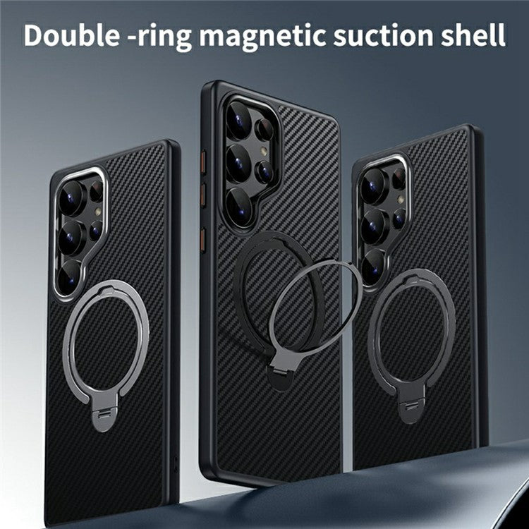 For Samsung Galaxy S25 Ultra Case Compatible with MagSafe PC+TPU Phone Cover Ring Holder Carbon Fiber Texture - Black