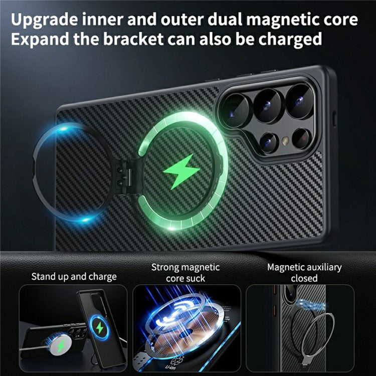 For Samsung Galaxy S25 Ultra Case Compatible with MagSafe PC+TPU Phone Cover Ring Holder Carbon Fiber Texture - Black