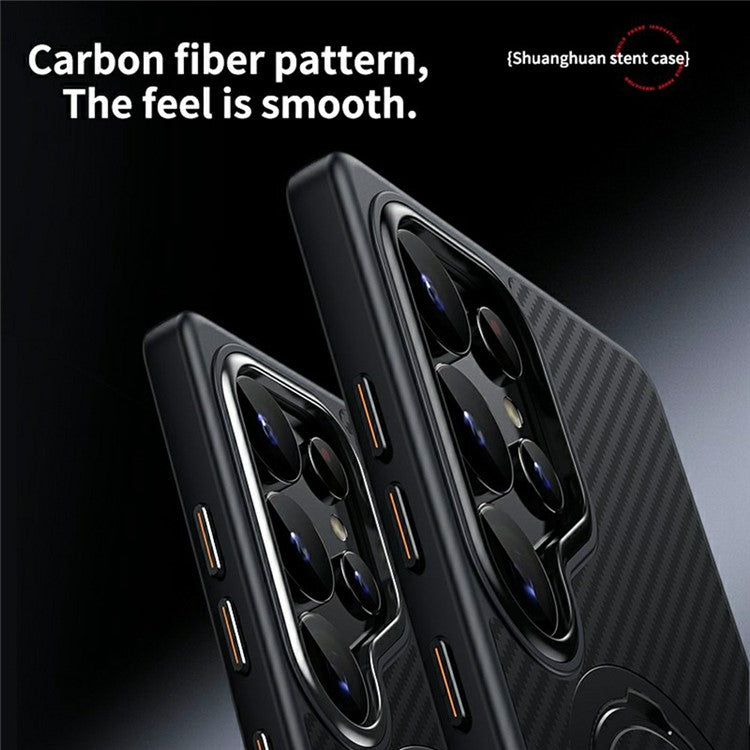 For Samsung Galaxy S25 Ultra Case Compatible with MagSafe PC+TPU Phone Cover Ring Holder Carbon Fiber Texture - Black