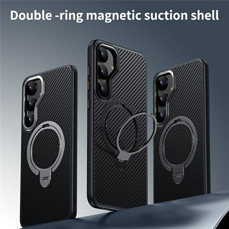 For Samsung Galaxy S25 Case Compatible with MagSafe PC + TPU Phone Cover Ring Holder Carbon Fiber Texture - Black