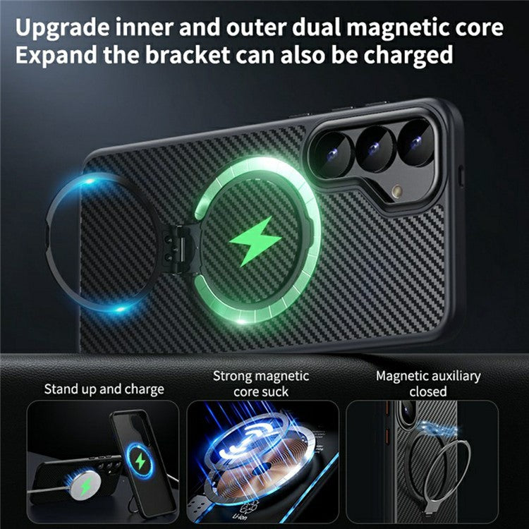 For Samsung Galaxy S25 Case Compatible with MagSafe PC + TPU Phone Cover Ring Holder Carbon Fiber Texture - Black