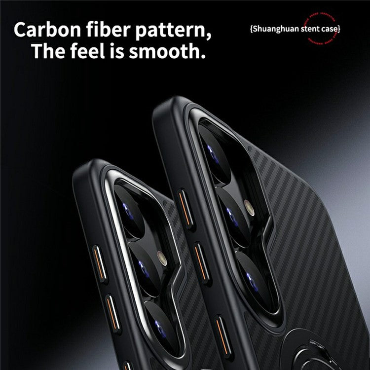 For Samsung Galaxy S25 Case Compatible with MagSafe PC + TPU Phone Cover Ring Holder Carbon Fiber Texture - Black