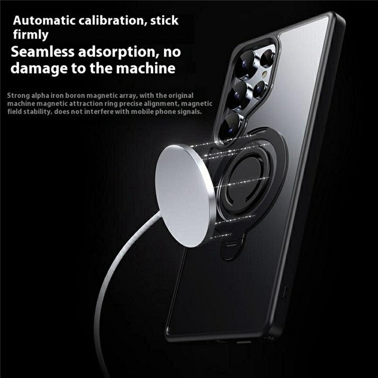 For Samsung Galaxy S25 Ultra Case Compatible with MagSafe Kickstand Matte PC + TPU Phone Cover with Silicone Ring - Black