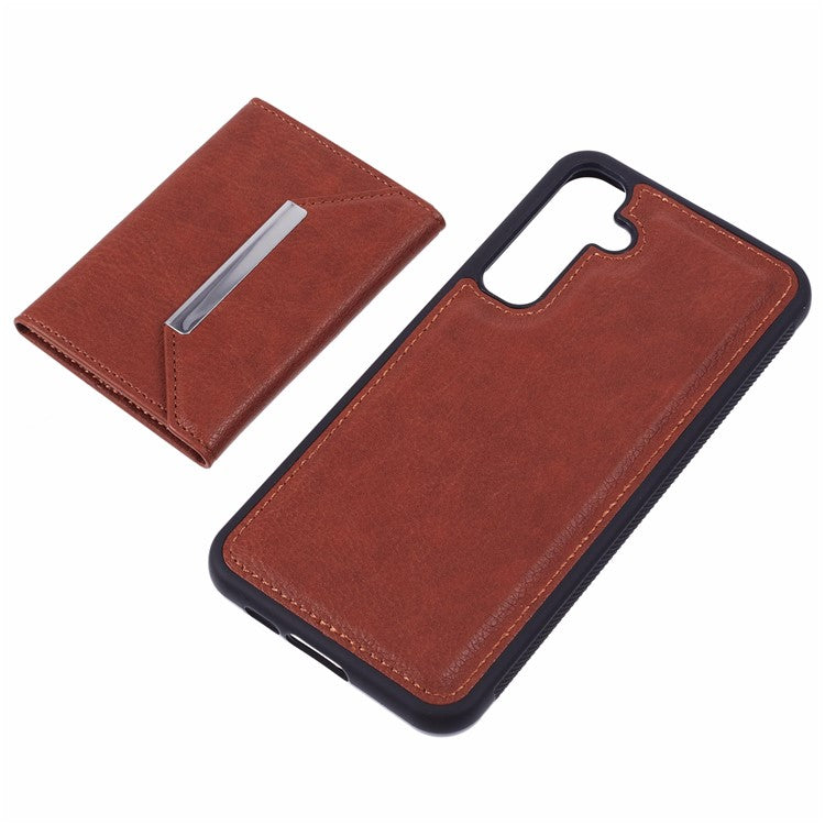 For Samsung Galaxy S25 Case Card Bag Kickstand TPU + PU Phone Cover - Brown