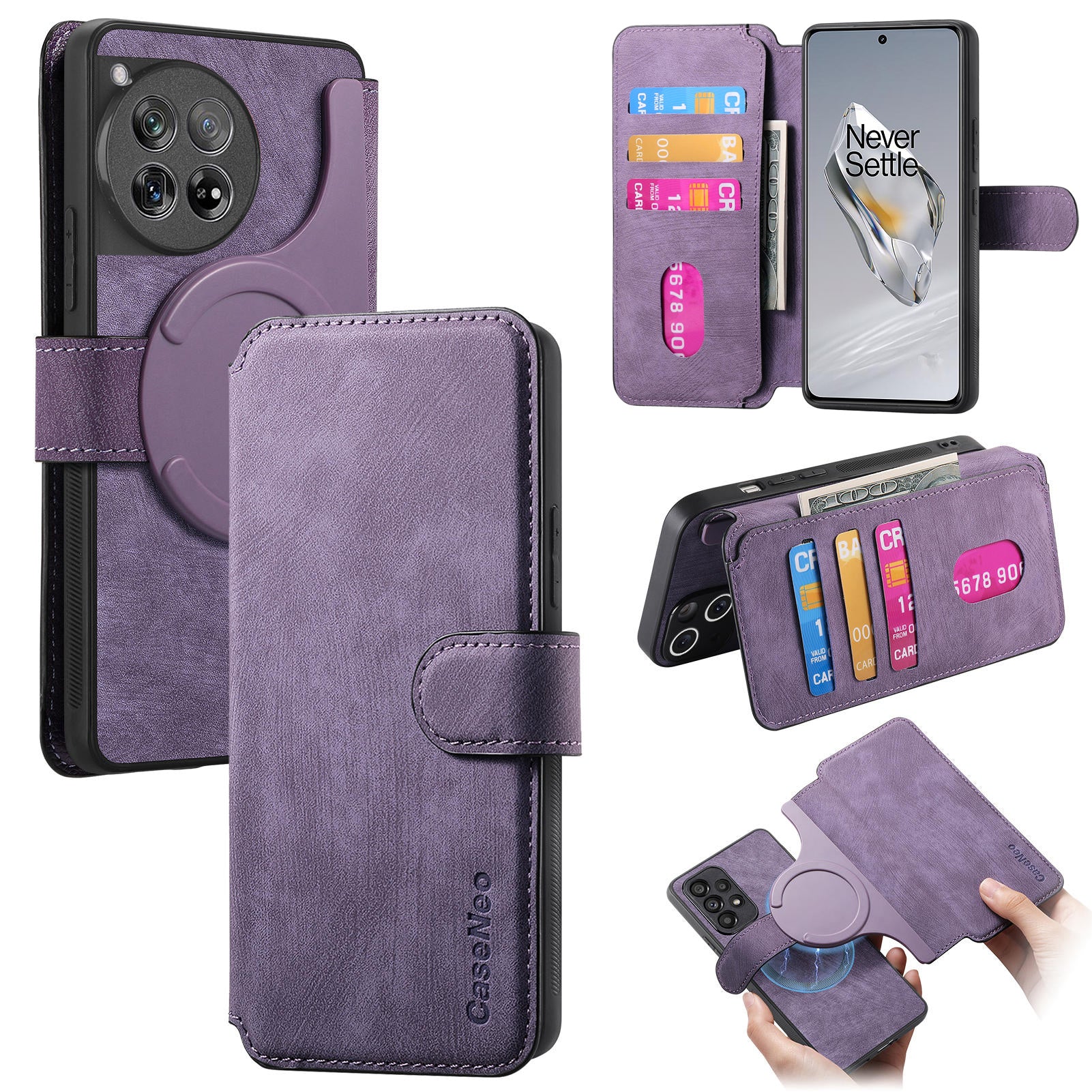 For OnePlus 13 Case CASENEO Detachable Magnetic RFID Block Leather Phone Wallet Cover - Purple