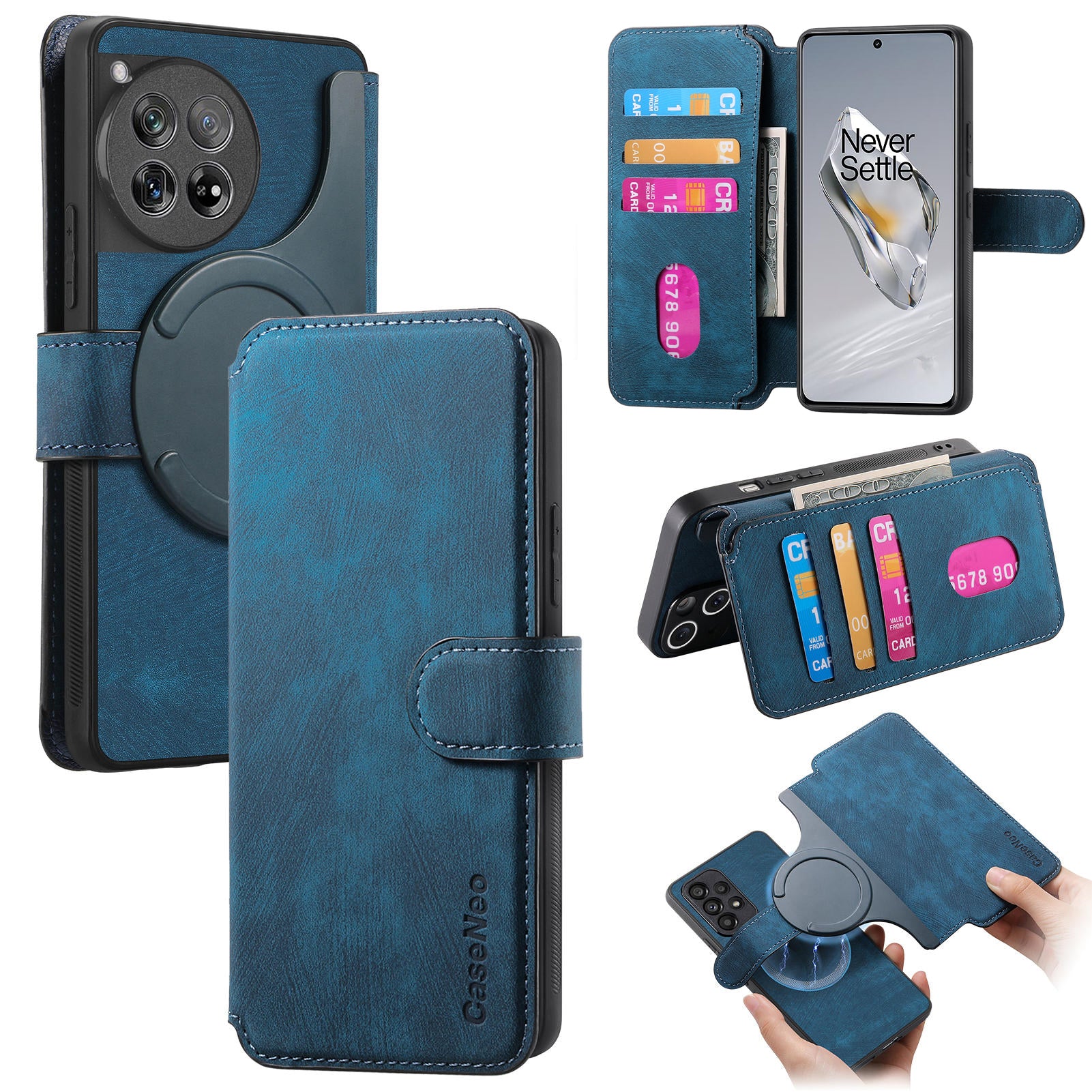 For OnePlus 13 Case CASENEO Detachable Magnetic RFID Block Leather Phone Wallet Cover - Dark Blue