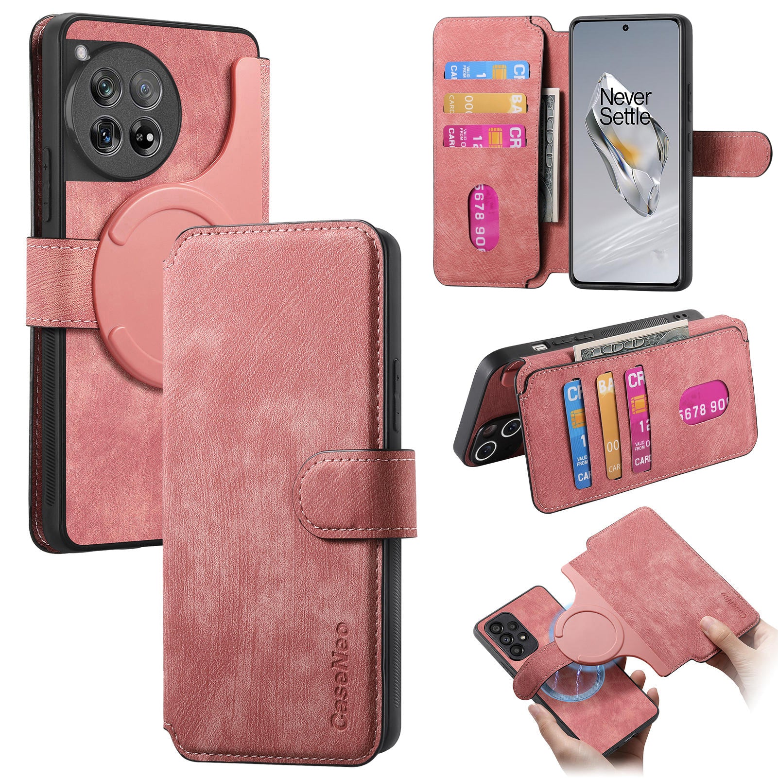 For OnePlus 13 Case CASENEO Detachable Magnetic RFID Block Leather Phone Wallet Cover - Pink