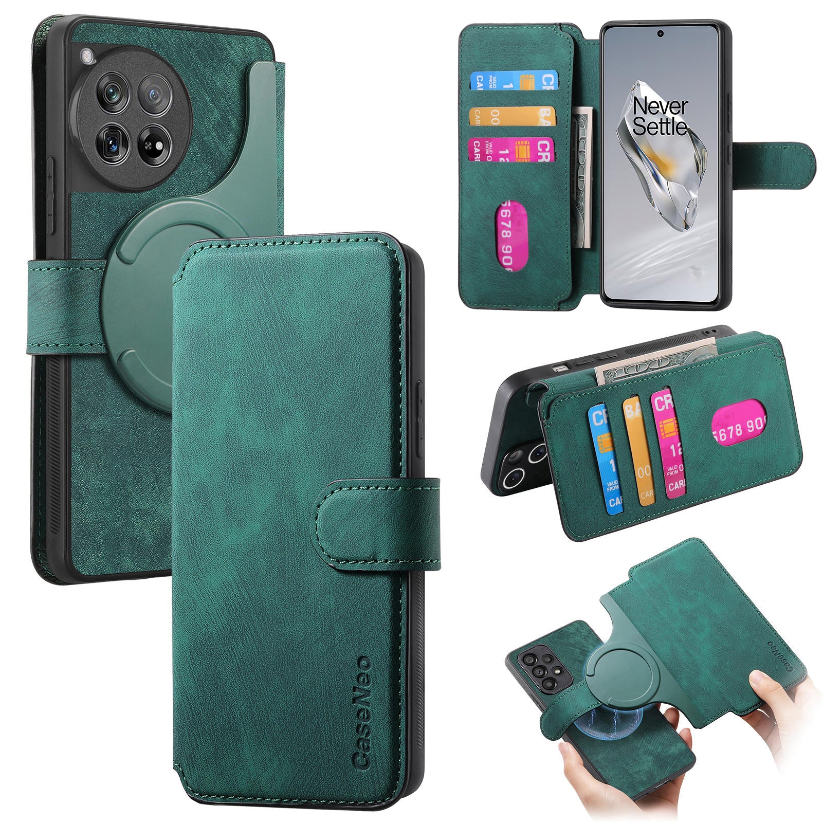 For OnePlus 13 Case CASENEO Detachable Magnetic RFID Block Leather Phone Wallet Cover - Green